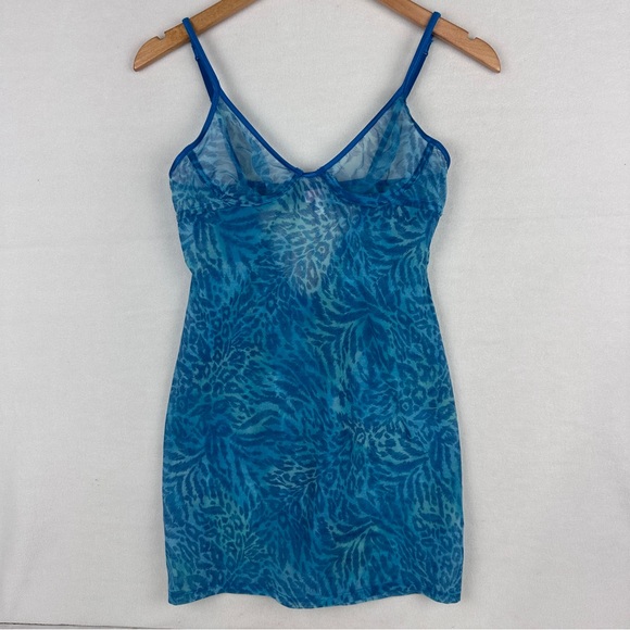 Vintage 90s Victorias Secret Sheer Babydoll Animal Print Blue Slip Dress 36B